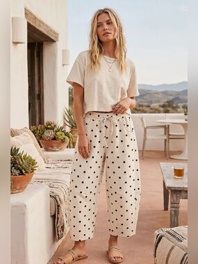 Seen and Seen Polka Dot Wide Leg Drawstring Barrel Pants - Cream/Black